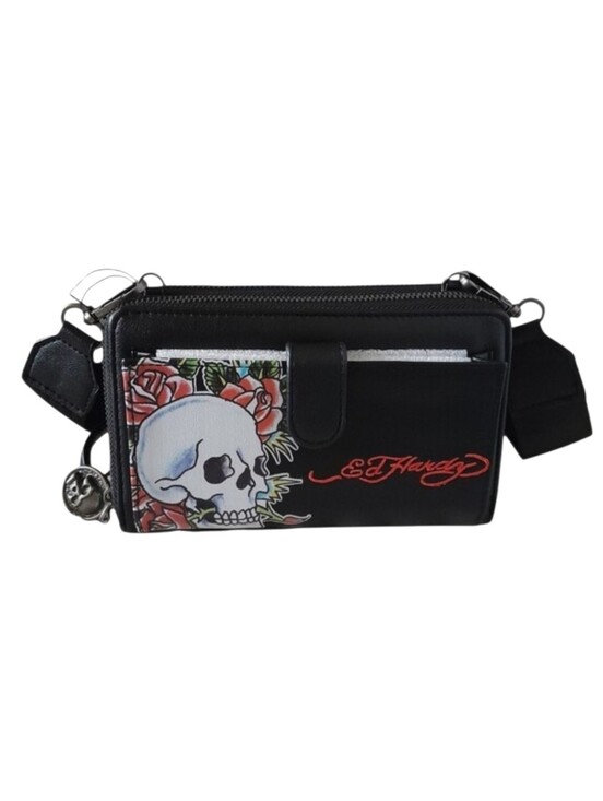 Ed Hardy Handbags - Ed Hardy Black Skull Rose Crossbody Wallet Bag Phone Holder Clutch NWT